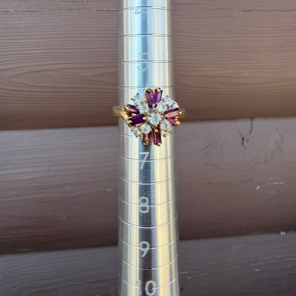18KGE Cocktail Ring Women Size 6.25 Gold Purple Baguette Floral Cluster Vintage - Picture 9 of 10
